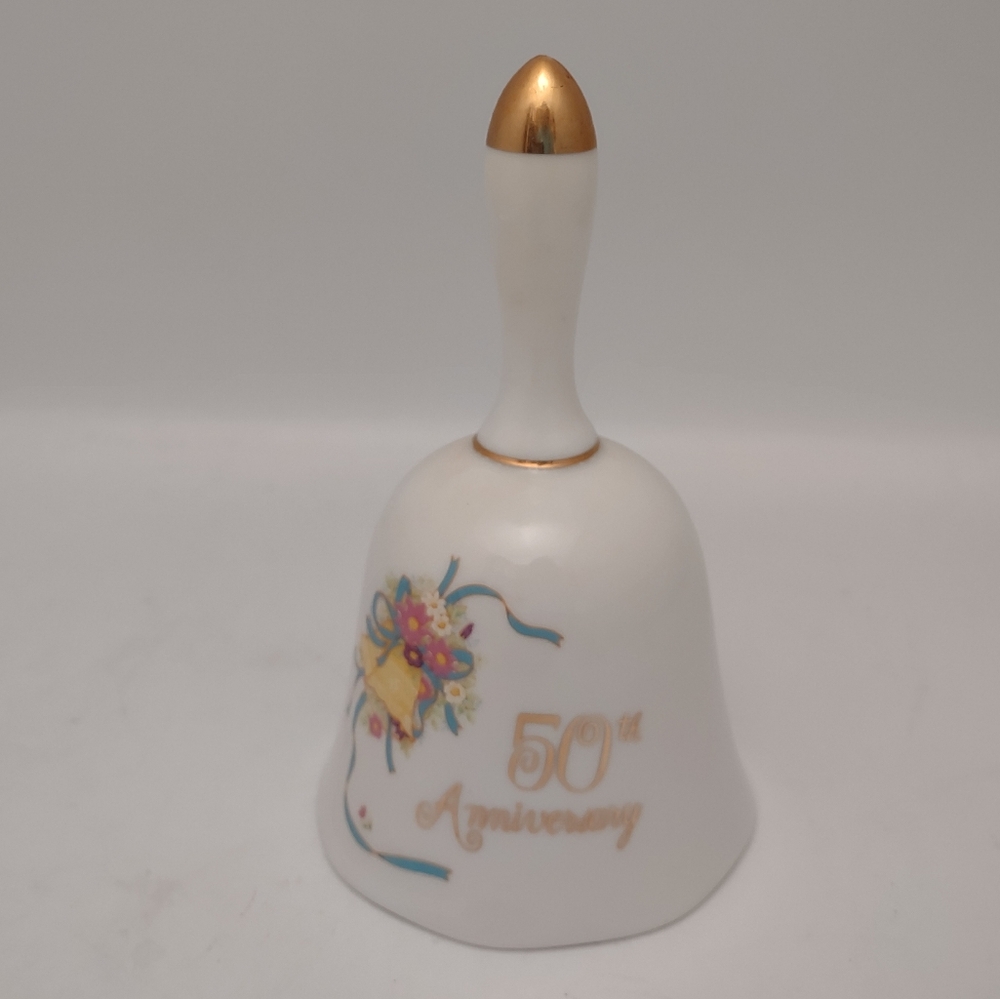 50th Anniversary Bells Holder Gold Trim Tip Flowers & Bell 5 1/4"h X 3"w